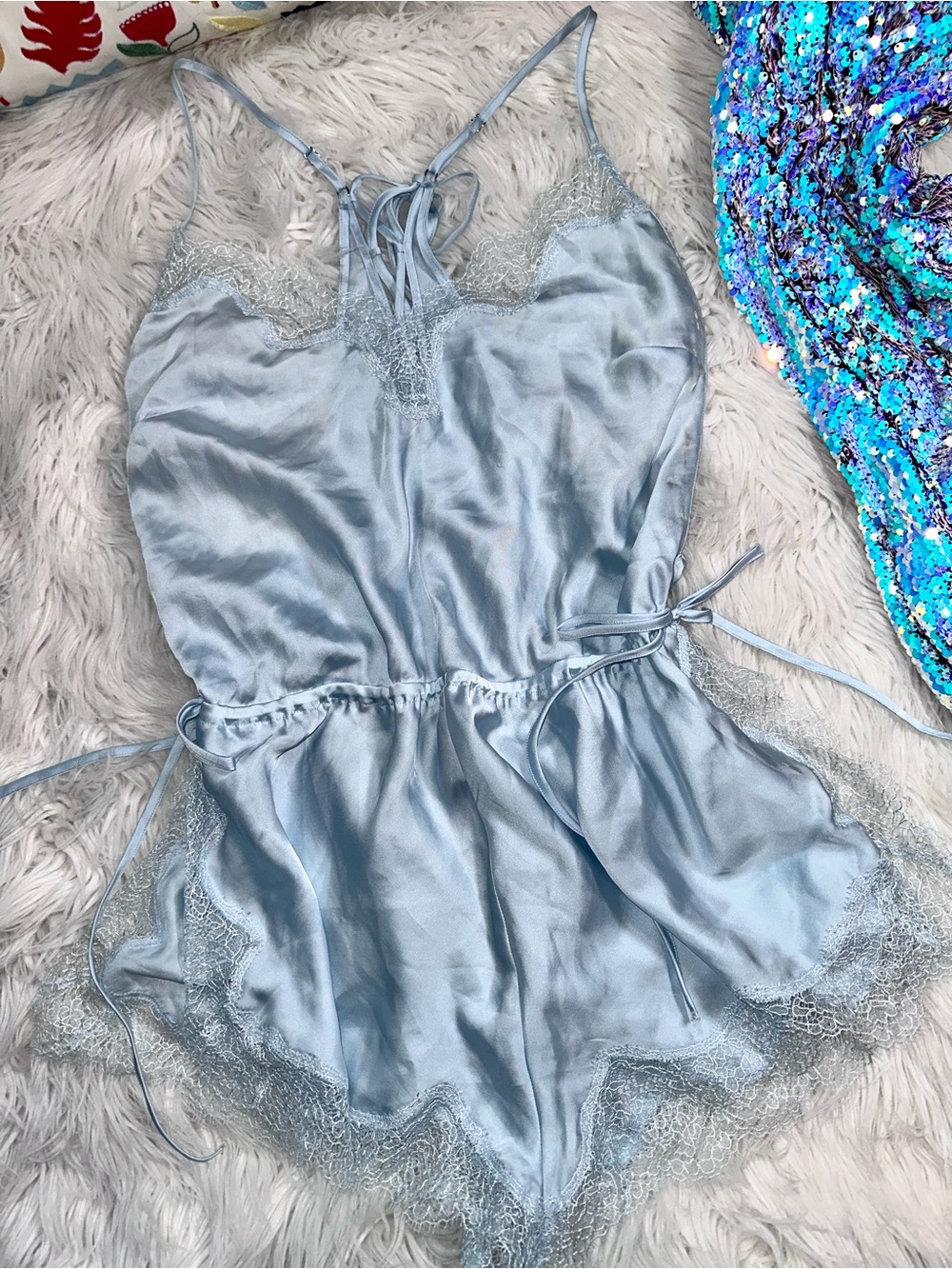 VS • Chantilly Lace Trim Baby Blue Silky Side Tie Romper